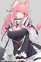  absurdres animal_ears arknights bad_id bad_pixiv_id black_dress blush breasts cleavage closed_mouth coffee_pot cowboy_shot cropped_jacket dress earrings extra_ears female flying_sweatdrops frilled_dress frills grey_background hairband highres jacket jewelry juejue large_breasts long_hair long_sleeves looking_at_viewer official_alternate_costume one_eye_closed open_clothes open_jacket pantyhose pink_eyes pink_hair pozyomka_(arknights) pozyomka_(snowy_plains_in_words)_(arknights) simple_background solo tail thigh_gap thigh_strap very_long_hair white_hairband white_jacket white_pantyhose wolf_ears wolf_girl wolf_tail 