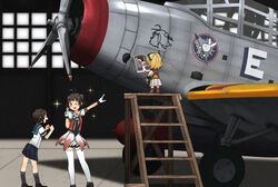  3girls aircraft airplane annin_musou antenna_hair bad_id bad_pixiv_id black_hair black_necktie blonde_hair blue_sailor_collar blue_skirt brown_eyes closed_eyes commentary_request double_bun fairy_(kancolle) gloves hair_bun indoors kantai_collection ladder miyuki_(kancolle) multiple_girls naka_(kancolle) naka_kai_ni_(kancolle) necktie one_eye_closed photo_(object) pleated_skirt pointing puffy_short_sleeves puffy_sleeves sailor_collar school_uniform serafuku short_hair short_sleeves skirt sparkle standing tbd_devastator thighhighs v vehicle_focus white_gloves white_legwear 