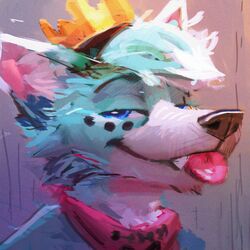  1:1 2021 abstract_background anthro bandana black_nose blue_body blue_eyes blue_fur blue_hair bust_portrait canid canine crown digital_media_(artwork) digital_painting_(artwork) fangs fur hair half-closed_eyes headgear hi_res inner_ear_fluff kerchief latrans male mammal narrowed_eyes pink_bandanna pink_kerchief pink_tongue portrait smile solo teeth tongue tongue_out tuft white_body white_fur white_hair 