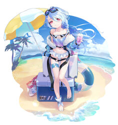  asymmetrical_hair bag bare_shoulders beach beach_umbrella belt bikini black_belt blue_hair blue_jacket blue_nails braid breasts collarbone cooler cup disposable_cup drinking_straw eyelashes eyewear_on_head feet female frilled_bikini frills full_body gradient_bikini hair_ornament hair_over_one_eye hairclip highres holding holding_cup innertube jacket knees_together_feet_apart legs long_hair long_sleeves looking_at_viewer machico_maki nail_polish navel off_shoulder original outdoors palm_tree parted_bangs pink_eyes qiya_(kia_098) see-through see-through_jacket shadow small_breasts solo standing standing_on_one_leg stomach sunglasses swept_bangs swim_ring swimsuit thigh_strap thighs toenail_polish toenails toes tree umbrella 