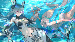  3girls adhesive_bra alpha_(punishing:_gray_raven) arm_fins armlet backless_swimsuit black_bra black_collar black_hair blue_shorts bra bracelet breasts casual_one-piece_swimsuit collar coral_reef cross-shaped_pupils earrings fins fish green_eyes grey_hair hair_between_eyes head_fins heterochromia highres jewelry lamia_(punishing:_gray_raven) long_hair looking_at_viewer lucia:_crimson_abyss_(punishing:_gray_raven) lucia:_crimson_abyss_(seaside_sunbath)_(punishing:_gray_raven) luna:_laurel_(wispthorn)_(punishing:_gray_raven) luna_(punishing:_gray_raven) max_47 mechanical_arms mechanical_tail medium_breasts mermaid midriff monster_girl multiple_girls navel ocean official_alternate_costume one-piece_swimsuit parted_lips ponytail punishing:_gray_raven purple_eyes red_eyes ringed_eyes shell_hair_ornament short_shorts shorts single_thighhigh spiked_armlet spiked_bracelet spiked_thighlet spikes swimsuit symbol-shaped_pupils tail tan thighhighs twintails underwater underwear very_long_hair white_bra white_one-piece_swimsuit white_thighhighs 