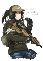  ? assault_rifle ayyh backpack bag baseball_cap black_hair blush bullpup candy candy_bar candy_wrapper commentary_request desert_tech_mdr ear_protection eating escape_from_tarkov female food gun hat highres jacket leg_holster military_operator partially_unwrapped_candy red_eyes reflex_sight rifle short_ponytail snickers_(brand) speech_bubble spoken_question_mark tactical_clothes weapon white_background wrapped_candy 