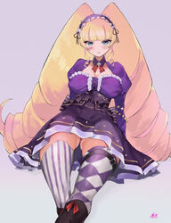  arm_support ass_visible_through_thighs asymmetrical_legwear blonde_hair blue_eyes blush breasts cleavage deep_web_underground deep_web_underground_(character) detached_collar drill_hair facepaint female grey_background hairband heart kataku_musou large_breasts long_hair looking_at_viewer maid_headdress simple_background sitting solo thick_thighs thigh_gap thigh_strap thighhighs thighs twin_drills virtual_youtuber 