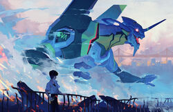  1boy 1other black_hair bridge building city commentary damaged digital_media_player earbuds earphones eva_01 evangelion_(mecha) fog glowing glowing_eye guard_rail hand_on_railing headphones holding horns ikari_shinji mecha mechanical_horns neon_genesis_evangelion open_mouth outdoors photoshop_(medium) pixiescout railing red_eyes robot rubble science_fiction shirt single_horn smoke white_shirt 