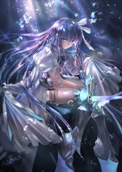  armor armored_boots artist_name azomo backlighting blue_eyes blue_ribbon boots breasts chinese_commentary closed_mouth coat commentary cropped_jacket crotch_plate fate/extra fate/extra_ccc fate/grand_order fate_(series) female greaves hair_ribbon high_collar highres juliet_sleeves legs long_hair long_sleeves looking_at_viewer meltryllis_(fate) meltryllis_(third_ascension)_(fate) navel photoshop_(medium) prosthesis prosthetic_leg puffy_sleeves purple_hair revision ribbon sleeves_past_fingers sleeves_past_wrists small_breasts solo thighs very_long_hair white_coat white_ribbon 