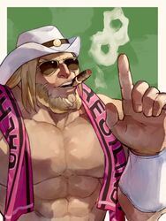  1boy abs antonov_(kof) armband beard blonde_hair border cigar commentary_request cowboy_hat facial_hair green_background hat highres index_finger_raised large_pectorals long_sideburns male_focus mature_male mouth_hold muscular muscular_male oni_gini outside_border pectorals sideburns smoke smoking solo sunglasses teeth the_king_of_fighters the_king_of_fighters_xv upper_body white_border white_hat 