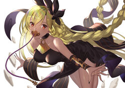  akanebi bare_shoulders black_dress black_nails blonde_hair braid breasts collarbone dark-skinned_female dark_skin dress female fingernails granblue_fantasy hair_ornament hair_ribbon helel_ben_shalem long_hair looking_at_viewer medium_breasts pacifier red_eyes ribbon sharp_fingernails sharp_toenails simple_background solo toenails very_long_hair white_background 