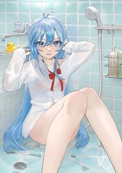  ahoge barefoot bathroom bathtub bird blue_eyes blue_hair blue_nails bottomless bow bowtie bra breasts collarbone denpa_onna_to_seishun_otoko drain_(object) duck feet_out_of_frame female hair_between_eyes hands_in_hair hands_up knees_together_feet_apart knees_up long_hair looking_at_viewer loose_bowtie mi8pq nail_polish no_pants on_ground red_bow red_bowtie red_bra rubber_duck see-through shampoo_bottle shirt shower_head sitting small_breasts solo tile_floor tile_wall tiles touwa_erio underwear very_long_hair water wet wet_clothes wet_shirt white_shirt 