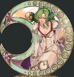  absurdres art_nouveau breasts circlet cleavage crescent detached_collar dress elbow_gloves female fire_emblem fire_emblem:_the_sacred_stones gloves green_eyes hand_on_own_leg highres holding holding_staff iaurencin jewelry knee_up l&#039;arachel_(fire_emblem) leaning_forward lips looking_at_viewer medium_breasts multi-tied_hair parted_hair pendant see-through see-through_sleeves smile solo staff v-shaped_eyebrows white_dress white_gloves 