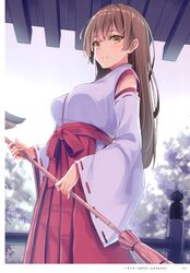  absurdres artist_name blush breasts broom brown_eyes brown_hair closed_mouth female hakama hakama_skirt hatsu_(first_snow) highres holding japanese_clothes lips long_hair looking_at_viewer medium_breasts miko original page_number red_hakama scan shiny_skin simple_background skirt smile solo wide_sleeves 