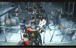  2023 absurd_res anthro battletech biped blue_hair bodysuit canid canine canis clothing detailed_background english_description ewgengster_(artist) face_shield female fish fur grey_body grey_fur group hair hanger hi_res inside machine male mammal marine mask mecha mechanic mechwarrior orange_eyes robotic_arm salvage shark skinsuit smoke tight_clothing traditional_media_(artwork) trio welding_mask wolf wreckage 