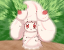  alcremie alcremie_(strawberry_sweet) alcremie_(vanilla_cream) blurry bush chirun0 commentary_request creature_as_food fire_emblem fire_emblem:_three_houses food fruit ice_cream lowres motion_blur no_humans open_mouth pokemon pokemon_(creature) red_eyes solo strawberry sweatdrop table 