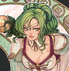  breasts circlet cleavage close-up dress elbow_gloves female fire_emblem fire_emblem:_the_sacred_stones gloves green_eyes holding holding_staff iaurencin jewelry l&#039;arachel_(fire_emblem) lips looking_at_viewer medium_breasts multi-tied_hair parted_hair pendant see-through see-through_sleeves smile solo staff v-shaped_eyebrows white_dress white_gloves 