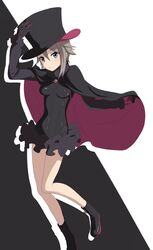  ange_(princess_principal) black_cape black_dress black_footwear black_gloves blue_eyes boots cape dress female gloves grey_hair hat monochrome_background princess_principal simple_background sincos solo top_hat 