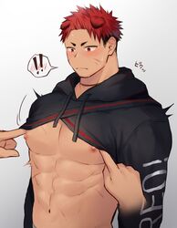  1boy 1other abs animal_ears assisted_exposure bara bare_pectorals black_hair blush clothes_lift cropped_hoodie dog_boy dog_ears dog_tail edie_crop_hoodie fashion fila hao_(haozz) highres hood hoodie large_pectorals long_sleeves male_focus meme_attire multicolored_hair muscular muscular_male navel nipples original pectoral_focus pectorals red_hair reo_(haozz) revealing_clothes shirt_lift short_hair solo_focus tail twitching two-tone_hair undercut undressing 