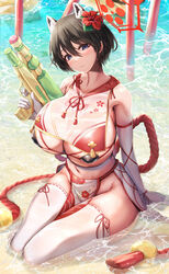  absurdres bare_shoulders black_hair blue_archive blue_eyes blush breasts closed_mouth commentary_request female flower hair_between_eyes hair_flower hair_ornament halo highres huge_breasts kneeling looking_at_viewer navel outdoors partially_submerged red_halo smile solo thighhighs thighs tiri_man tsubaki_(blue_archive) water water_gun wet white_thighhighs 