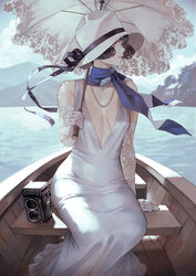  bare_shoulders black_eyes black_hair blue_scarf blue_sky boat bob_cut breasts breasts_apart camera cloche_hat cocktail_dress day dress elbow_gloves female floral_print gloves hat hat_ribbon highres holding holding_umbrella jewelry kaoming lace lace-trimmed_umbrella lace_gloves lace_trim lake long_dress looking_to_the_side makeup mountain nanjou_ao necklace no_bra original outdoors parasol parted_lips pearl_necklace plunging_neckline profile ribbon rolleiflex scarf sitting sky sleeveless sleeveless_dress smile solo sun_hat twin-lens_reflex_camera umbrella water watercraft waves white_dress white_gloves white_hat white_umbrella 