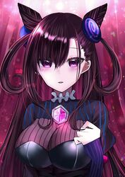  bangs black_dress blush breasts commentary_request dress fate/grand_order fate_(series) female gem hair_between_eyes hair_ornament highres large_breasts long_hair long_sleeves looking_at_viewer murasaki_shikibu_(fate) nerua puffy_sleeves purple_eyes solo two_side_up very_long_hair 