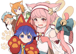  1boy 3girls animal_ears animal_hood bell blue_eyes blue_hair cat_day cat_ears cat_girl cat_hood cat_tail closed_mouth facial_mark fingerless_gloves fire_emblem fire_emblem:_path_of_radiance fire_emblem:_the_blazing_blade fire_emblem_fates fire_emblem_heroes from_side fur_trim gloves green_eyes hairband halloween halloween_costume highres hood japanese_clothes lethe_(fire_emblem) lilina_(fire_emblem) lilina_(halloween)_(fire_emblem) long_hair multiple_girls nakabayashi_zun open_mouth orange_hair pink_eyes pink_gloves pink_hair pink_tail purple_eyes ranulf_(fire_emblem) sakura_(fire_emblem) sakura_(halloween)_(fire_emblem) short_hair smile tail whisker_markings 