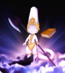  5_fingers amegared book clothing cloud fingers headgear headwear hi_res holding_object holding_weapon male purple_background shaman_king shamash simple_background solo spirit tail weapon white_body white_eyes white_tail 