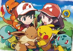  ambiguous_gender bulbasaur charmander chase_(pokemon) clothing eevee elaine_(pokemon) female feral generation_1_pokemon generation_7_pokemon group hat headgear headwear hi_res human legendary_pokemon looking_at_viewer male mammal meltan nintendo partner_eevee partner_pikachu pikachu pokemon pokemon:_let&#039;s_go pokemon_(species) smile squirtle starter_trio unknown_artist young 