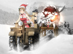  3girls abyssal_ship annin_musou antlers bad_id bad_pixiv_id bare_shoulders bell bismarck_(kancolle) blonde_hair blue_eyes blush brown_eyes brown_gloves brown_hair christmas commentary_request detached_sleeves driving duplicate enemy_aircraft_(kancolle) fairy_(kancolle) fringe_trim fur_trim german_text glasses gloves grey_hair ground_vehicle hair_between_eyes hat horns kantai_collection kettenkrad littorio_(kancolle) long_hair merry_christmas military military_uniform motor_vehicle multiple_girls open_mouth peaked_cap pince-nez pixel-perfect_duplicate pom_pom_(clothes) reindeer_antlers roma_(kancolle) santa_costume santa_hat scarf smile snow snowing snowman striped_clothes striped_scarf the_roma-like_snowman uniform white_gloves 