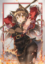  animal_ears arknights armpits belt black_jacket black_pantyhose blush breasts brown_eyes brown_hair buttons cat_ears cat_tail collared_shirt female fire floating_hair hair_between_eyes highres holding holding_staff jacket jewelry long_hair looking_at_viewer magic necktie originium_arts_(arknights) pantyhose photoshop_(medium) pleated_skirt seozo shirt skirt skyfire_(arknights) solo staff striped striped_clothes striped_necktie tail thighband_pantyhose torn_clothes vertical-striped_clothes vertical-striped_necktie white_shirt wide_sleeves wind 