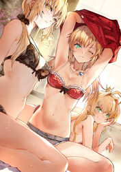  3girls absurdres armpits artoria_pendragon_(fate) bare_shoulders black_bra blonde_hair bra breasts cleavage closed_mouth collarbone crown cutoffs denim denim_shorts dutch_angle fate/grand_order fate_(series) green_eyes hair_over_shoulder hand_on_own_cheek hand_on_own_face highres jewelry looking_at_viewer low_tied_hair lying medium_breasts mini_crown mordred_(fate) mordred_(fate/apocrypha) multiple_girls navel necklace nero_claudius_(fate) nero_claudius_(fate/extra) on_stomach one_eye_closed red_bra red_shirt saber_alter shirt shorts sitting smile sweat tokopi underwear yellow_eyes 