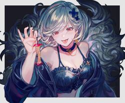  alter_ego_malevolent_(granblue_fantasy) apple apple_core black_jacket black_nails border breasts camisole choker commentary_request crop_top djeeta_(granblue_fantasy) earrings feather_boa female food fruit granblue_fantasy grey_hair hair_ornament holding holding_food jacket jewelry kiri_(pyonta) looking_at_viewer medium_breasts off_shoulder outside_border red_eyes short_hair solo tongue tongue_out twitter_username upper_body x_hair_ornament 