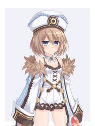  bare_legs bare_shoulders blanc_(neptunia) blue_eyes blush breasts brown_hair cleavage coat covered_nipples cowboy_shot dress female frown fur-trimmed_coat fur_trim groin hair_between_eyes hat highres kazuneko_(wktk1024) looking_at_viewer medium_hair neptune_(series) no_bra off-shoulder_coat off_shoulder skin_tight small_breasts solo standing very_long_sleeves white_coat white_dress white_hat 