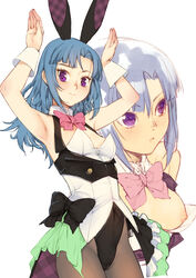  absurdres alice_gear_aegis animal_ears armpits arms_up bare_shoulders black_bow black_leotard blue_hair blush bow bowtie branch_(blackrabbits) breasts cowboy_shot detached_collar female highres leotard long_hair looking_at_viewer multiple_views nipples oversized_breast_cup pantyhose pink_bow pink_bowtie playboy_bunny purple_eyes rabbit_ears rabbit_pose small_breasts smile takanashi_rei two-tone_leotard vorpal_bunny white_background white_leotard wrist_cuffs 