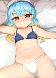  bangs bare_arms bare_shoulders bed_sheet blonde_hair blue_bra blue_hair blush bra brown_eyes collarbone commentary_request cowboy_shot eyebrows_visible_through_hair female gradient_hair grin groin hat highres kantai_collection kusaka_souji long_hair looking_at_viewer lying multicolored_hair navel on_back panties sado_(kantai_collection) sailor_hat skindentation smile solo stomach underwear underwear_only white_headwear white_panties 