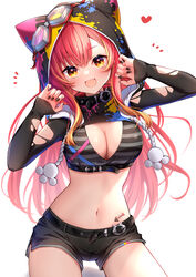  animal_hood belt black_nails black_shirt black_shorts breasts cleavage cleavage_cutout clothing_cutout collar cowboy_shot crop_top drawstring female goggles goggles_on_headwear hands_up highres hood large_breasts long_hair long_sleeves looking_at_viewer midriff multicolored_hair nail_polish navel nekota_tsuna nekota_tsuna_(1st_costume) oerba_yun_fang open_mouth orange_eyes red_hair shirt short_shorts shorts simple_background smile solo stomach streaked_hair striped_clothes striped_shirt thighs toki_(toki_ship8) torn_clothes torn_sleeves virtual_youtuber vspo! white_background 