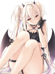  absurdres bare_arms bare_shoulders black_gloves blush breasts cleavage closed_mouth collarbone feet_out_of_frame female gloves highres horns kiri_celea long_hair looking_at_viewer medium_breasts original red_eyes sitting solo thigh_strap thighs twintails white_hair wings 