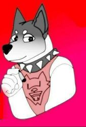  5_fingers anthro black_eyes black_nails black_nose canid canine canis cigarette circle_eyebrows clothed clothing collar colored_nails doggo_(undertale) domestic_dog eyebrows fingers looking_at_viewer low_res magenta_background male mammal nails pupils solo spiked_collar spikes undertale undertale_(series) unknown_artist unusual_pupils white_body white_eyebrows white_pupils 