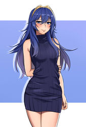  absurdres alternate_costume arm_behind_back bare_arms bare_shoulders black_dress blue_eyes blue_hair blush breasts closed_mouth commentary_request cowboy_shot dress female fire_emblem fire_emblem_awakening grabbing_own_arm hair_between_eyes highres holding_own_arm lips long_hair looking_at_viewer lucina_(fire_emblem) medium_breasts namu_(112namu) raised_eyebrows sleeveless sleeveless_dress smile solo sweater sweater_dress tiara 