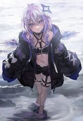  akieda amane_kanata amane_kanata_(punk_rock) angel angel_wings black_jacket blue_hair choker colored_inner_hair female grey_hair hair_between_eyes hair_ornament hairclip halo highres hololive hood hooded_jacket jacket midriff multicolored_hair navel purple_eyes short_hair_with_long_locks shorts single_hair_intake solo star_halo strapless tube_top virtual_youtuber water wings x_hair_ornament 