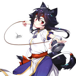  animal_ears bakuten_shoot_beyblade beyblade beyblade_(object) black_hair blush breasts chinese_commentary commentary_request cosplay dated ejami ekko_(ejami) female fox_ears fox_girl fox_tail hair_between_eyes kon_rei kon_rei_(cosplay) long_hair looking_at_viewer original red_eyes shirt signature simple_background smile solo tail white_background 