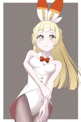  animal_ears bare_shoulders blonde_hair blunt_bangs blush bow bowtie breasts brown_background cosplay detached_collar female fishnet_pantyhose fishnets green_eyes hand_on_own_arm highres leotard light_frown lillie_(pokemon) long_hair looking_at_viewer nemunemu_0826 nervous pantyhose playboy_bunny playboy_pokemon pokemon pokemon_sm rabbit_ears scorbunny scorbunny_(cosplay) strapless strapless_leotard white_leotard 