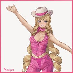  barbie_(character) barbie_(character)_(cosplay) barbie_(franchise) barbie_(live_action) blonde_hair blue_eyes breasts bunnyoki commentary cosplay cowboy_hat drill_hair english_commentary female genshin_impact grin hat highres long_hair navia_(genshin_impact) outstretched_arms pants pink_pants pink_scarf pink_shirt scarf shirt sleeveless sleeveless_shirt smile solo spread_arms swept_bangs very_long_hair 