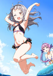  2girls ;d absurdres ahoge armpits arms_up asanaya bare_shoulders barefoot bikini black_bikini black_choker black_hairband blue_hair blue_hairband blue_sky breasts choker cloud collarbone criss-cross_halter day feet grey_hair hairband halterneck highres hololive jumping legs long_hair looking_at_another medium_breasts midair minato_aqua minato_aqua_(hololive_summer_2019) multicolored_hair multiple_girls murasaki_shion murasaki_shion_(hololive_summer_2019) navel ocean one_eye_closed open_mouth outdoors purple_eyes purple_hair signature sky sling_bikini_top small_breasts smile stomach striped_bikini striped_clothes swimsuit teeth toes twintails two-tone_hair upper_teeth_only virtual_youtuber water yellow_eyes 