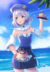  beach beret bird black_skirt blue_hat breasts cleavage ctiahao day detached_sleeves female food genshin_impact green_eyes grey_hair hat holding holding_tray lens_flare lighter-than-air_pancake_(genshin_impact) looking_to_the_side neck_ruff noelle_(genshin_impact) ocean open_mouth outdoors palm_tree pancake short_hair skirt small_breasts solo sun tray tree 