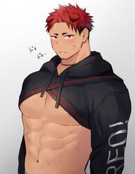  1boy abs animal_ears bara bare_pectorals black_hair blush cropped_hoodie dog_boy dog_ears dog_tail edie_crop_hoodie fashion fila hao_(haozz) highres hood hoodie large_pectorals long_sleeves looking_at_viewer male_focus meme_attire multicolored_hair muscular muscular_male navel nipple_slip nipples original pectoral_focus pectorals red_hair reo_(haozz) revealing_clothes short_hair solo tail two-tone_hair undercut 