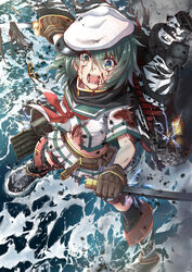  absurdres blood blood_on_face cannon cape cutlass damaged eyepatch female from_above green_eyes green_hair hat highres holding holding_sheath holding_sword holding_weapon kantai_collection kiso_(kancolle) kiso_kai_ni_(kancolle) miniskirt navel open_mouth pleated_skirt rigging sailor_hat scabbard school_uniform serafuku sheath short_hair skirt smokestack solo standing standing_on_liquid sword torn_cape torn_clothes torn_skirt torpedo_tubes turret unsheathed unworn_eyepatch water waves weapon white_skirt yaegashi_(muzzuleflash) 