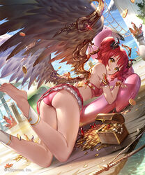  77gl angel_wings ass bare_arms barefoot bikini bikini_skirt breasts coin commentary_request day feathered_wings female from_behind gold_coin inflatable_raft jewelry legs_up looking_at_viewer looking_back necklace open_mouth outdoors pearl_necklace plant red_bikini red_hair rope_ladder ruby_(shingeki_no_bahamut) shingeki_no_bahamut small_breasts smile solo swimsuit thighs treasure_chest wings wooden_floor yellow_eyes 