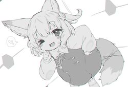  animal_ears blurry blush blush_stickers dress female flower fox_ears fox_tail greyscale hair_flower hair_ornament hand_on_own_hip heart highres koume_(vrchat) looking_at_viewer monochrome no_headband oerba_yun_fang one_eye_closed open_mouth ribbon smile solo speech_bubble tail teeth thighhighs tongue vrchat zeru_(wisel_army) 