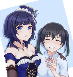  2girls asaka_karin bare_shoulders black_gloves black_hair blue_eyes blue_hair blue_tank_top breasts cleavage collarbone gloves gradient_hair green_eyes green_hair hair_between_eyes hair_ornament hand_on_another&#039;s_shoulder large_breasts love_live! love_live!_nijigasaki_high_school_idol_club medium_hair mole mole_on_collarbone multicolored_hair multiple_girls multiple_moles necktie nijigasaki_school_uniform red_necktie riizu_(fall_nocturne) school_uniform starlight_(love_live!) streaked_hair swept_bangs takasaki_yu tank_top tilted_headwear twintails two-tone_hair v 