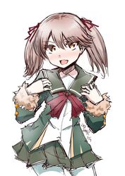  bad_id bad_twitter_id bow bowtie brown_eyes brown_hair cosplay female fur-trimmed_sleeves fur_trim green_jacket green_sailor_collar green_skirt jacket kantai_collection kirigakure_(kirigakure_tantei_jimusho) long_sleeves looking_at_viewer neck_ribbon oerba_yun_fang open_mouth pantyhose pleated_skirt red_bow red_bowtie red_ribbon ribbon ryuujou_(kancolle) sailor_collar school_uniform serafuku shimushu_(kancolle) shimushu_(kancolle)_(cosplay) simple_background skin_fang skirt smile solo twintails white_background white_pantyhose 