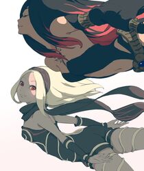  2girls bare_shoulders belt black_hair black_scarf blonde_hair chest_tattoo closed_eyes closed_mouth clothing_cutout crow_(gravity_daze) dark-skinned_female dark_skin detached_sleeves flying gem gradient_background gravity_daze gravity_daze_2 hairband highres kitten_(gravity_daze) long_hair looking_at_another multicolored_hair multiple_girls navel navel_cutout red_eyes red_hair saitou_shunsuke scarf smile tattoo 