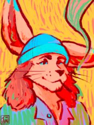  anthro big_ears blue_clothing blue_eyes blue_hat blue_headwear canid canine clothing colored colorful_theme confident digital_media_(artwork) digital_painting_(artwork) ear_markings ear_tuft fan_character fennec_fox fox hair hat headgear headwear hi_res junipersketch long_hair male mammal simple_background simple_eyes smile smoking solo true_fox tuft whiskers yellow_background 